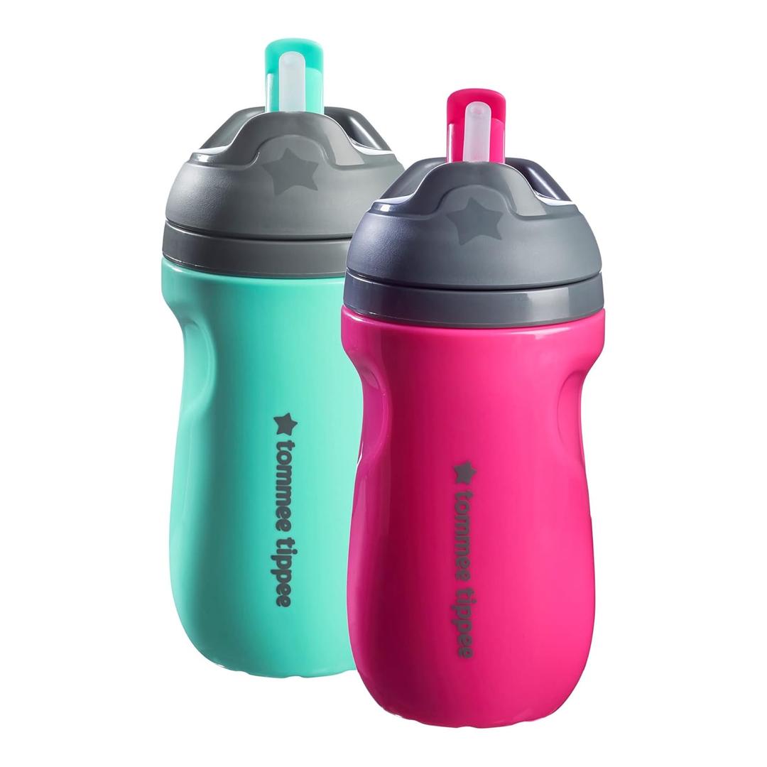 Tommee Tippee Superstar Straw Insulated Bottle, for 12m+, 9oz, Pack of 2 Non-Spill Toddler Water Bottle, Pink and Mint, with Easy-Hold Handle and Soft Silicone Straw, Leak-Proof and BPA Free
