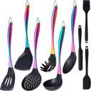 Silicone Cooking Utensils Set, 9Pcs Kitchen Utensil Set with Stainless Steel Handle, Heat-Resistant Silicone Utensils for Cooking, Non-Stick Spatula Set with Spoons, Turners, Ladle (Rainbow)