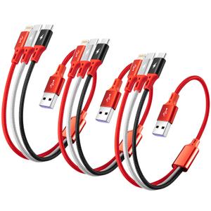 2Pack Multi Charging Cable, 3 in 1 Retractable Multiple Charger Cable, Fast Charging Cable, USB C Charger with Lightning/Micro/Type C for iPhone, iPad, Samsung, PS, Tablets & More (2, Red, 1ft)