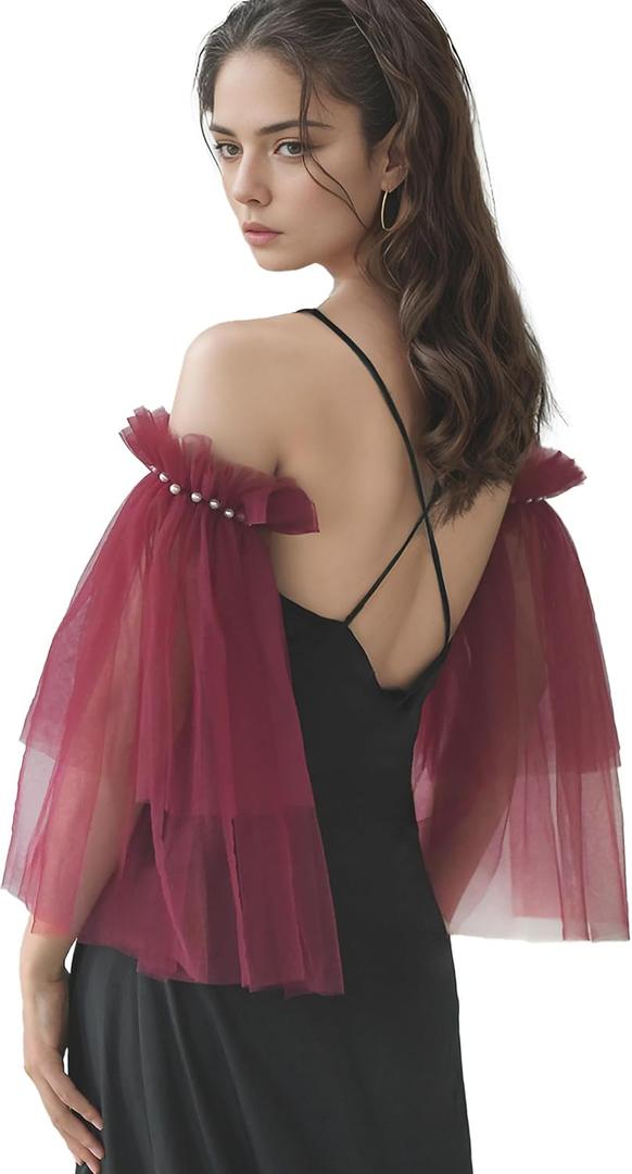 Black White Long Wedding Gloves Lace Sheer Puffy Sleeves Fingerless Ruffled Tulle Gloves Detachable Sleeves for Women (Red)