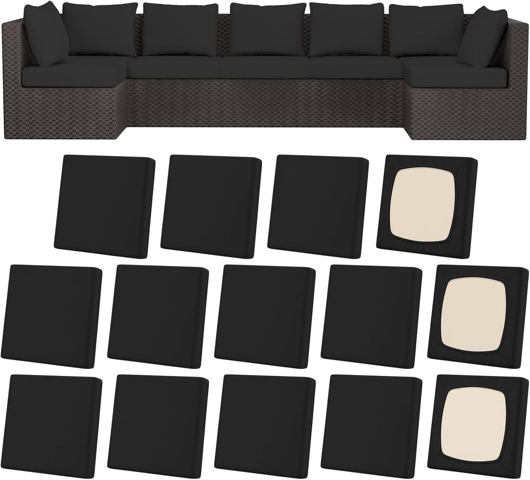 14Pcs Patio Stretch Cushion Covers, Outdoor Couch & Sofa Replacement Slipcovers for Patio Furniture Cushion Covers, Washable Reusable Furniture Protector, Square Large, Black