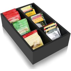 HymoConn Tea Bag Box Wood Black 6 Compartments Tea Bag Organizer Drawer Storage, Large Capacity Sugar Packet Holder for Coffee Station,Sweeteners, Condiment Organizer