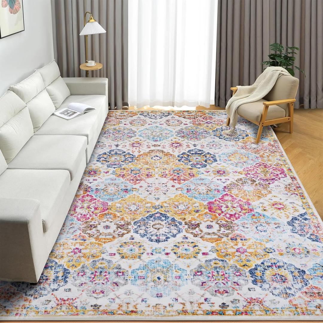 6x9 Vintage Area Rugs for Living Room, Luxury Non-Slip Bedroom Rug, Distressed Traditional Floor Carpet for Dining Room Kitchen, Washable Throw Entryway Carpet for Laundry, Flowers Sea