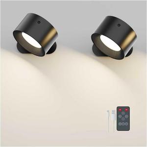 2PACK Romote LED Wall Sconce - Rechargeable Wall Light, 3 Colors & 3 Brightness Levels, 360 Magnetic Rotating Head, Bedside Reading Lamp, Easy Install Battery Operated Wall Lamp Black