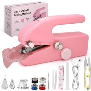 Handheld Sewing Machine for Beginners, Portable Mini Sewing Machine with Two Speed Modes, Easy to Operate and Fast Stitch Suitable for Clothes, Fabrics and Quick Home Repairs (Pink)