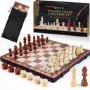 2 in 1 Magnetic Wooden Chess Set & Checkers Board Game, 15’’ Folding Chess Board with Pieces Storage Slots, 2 Extra Queens, Portable Travel Chess Set for Kids Adults Beginner Age 3+