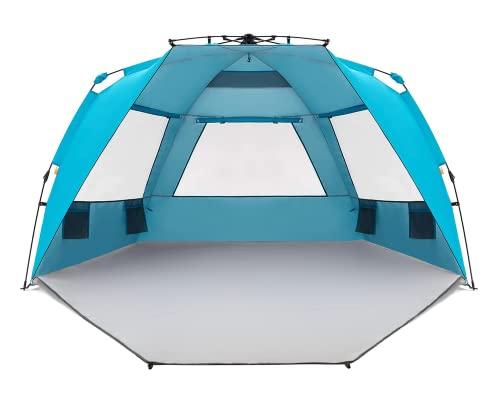 Easthills Outdoors Instant Shader Enhanced Deluxe XL Beach Tent Easy Set Up 4-6 Person Popup Sun Shelter 99" Wide for Family UPF 50+ Double Silver Coating with Extended Zippered Floor Pacific Blue