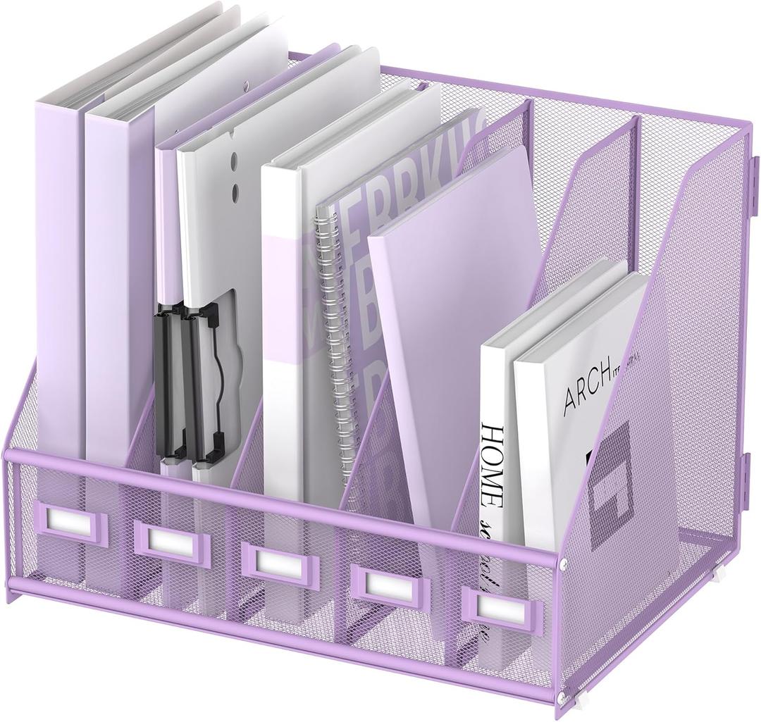 SUPEASY Desk Organizers Metal Desk Magazine File Holder with 5 Vertical Compartments Rack File Organizer for Office Desktop, Home Workspace, Purple (Small)
