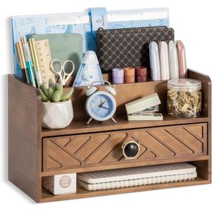 Brown Wood Desk Organizer and Accessories with Drawer, Bill Mail Organizer and File Mail Holder for Office Supplies, Desk Accessories & Workspace Organizers