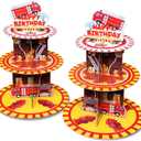 2 Pack Firetruck Cupcake Stand Birthday Party Supplies, Firefighter Cup Cake Tower Stand Red 3 Tier Cardboard Cupcake Stand Display Dessert Holder for Boys Fire Truck Theme Party Decorations Favors