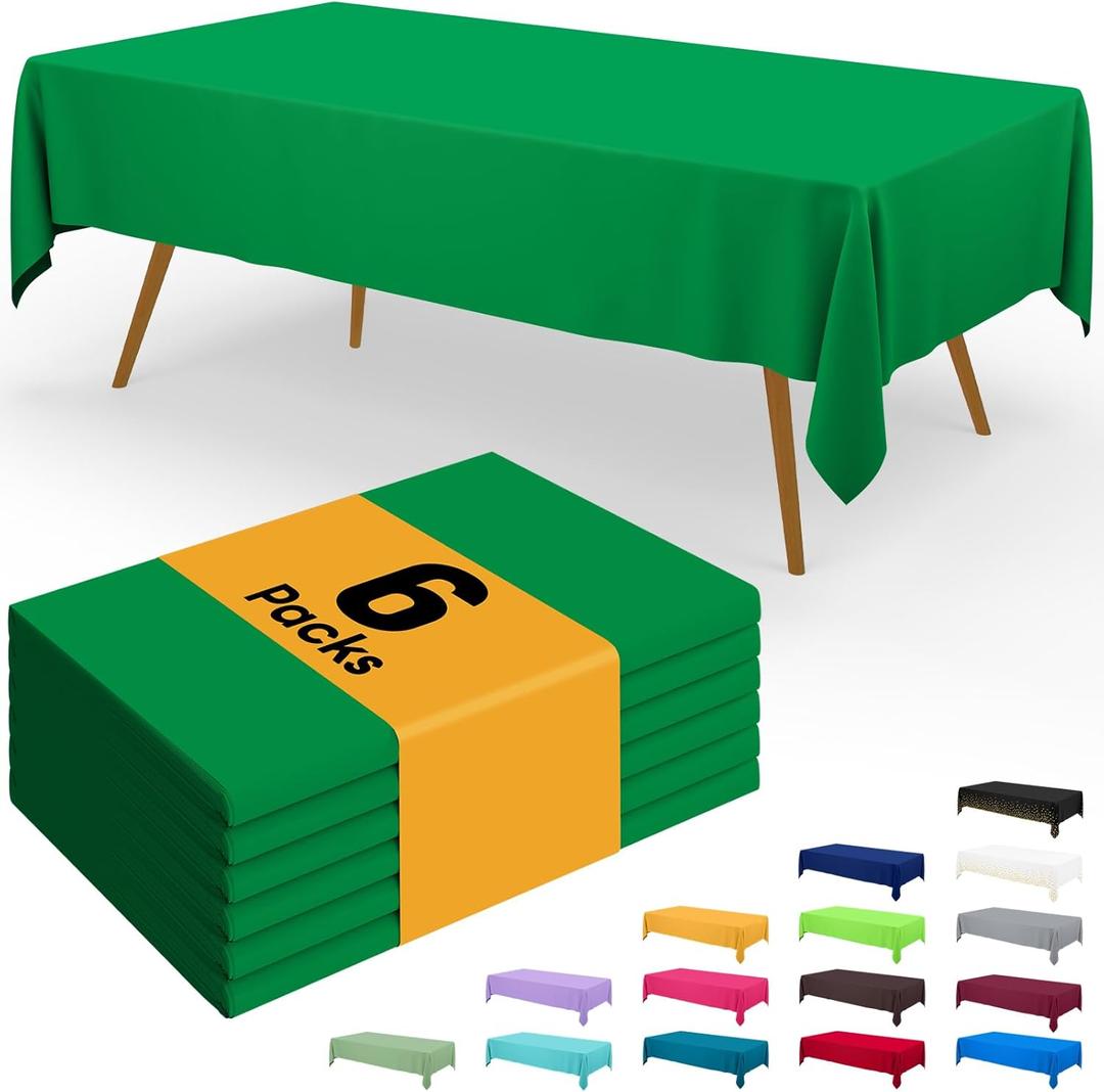 Smiry Disposable Table Cloth - 6 Pack, 54 x 108 Inch Waterproof Rectangle Tablecloths for Parties, Decorative Plastic Table Cover, Leakproof & Sturdy, Green