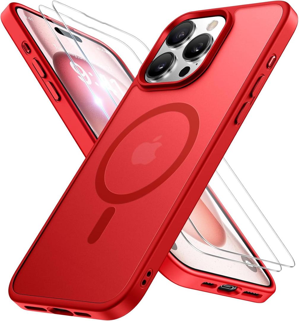 Miracase Magnetic Series for iPhone 15 Pro Max Case [Compatible with MagSafe] [with 2X Screen Protectors] Military-Grade Protection, Anti-Fingerprint, Slim Phone Case for iPhone 15 Pro Max - Red