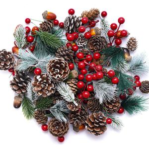 120pcs Artificial Pine Cones Pine Branch Set Fake Natural Pinecones Acorns Red Berries Christmas Decor Ornaments for Home Winter Decorations