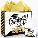 4 x Xustanina 13" Large Graduation Gift Bag, Black and Gold Congrats Tote Bag With Greeting Card, Tissue Paper, Stickers, Class Of 2026 Graduation Theme Party Favors Birthday Supplies