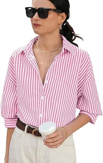Womens Blouses Casual Tops Frenchy Striped Print Drop Shoulder Shirt Casual Work T Shirts (XL, Pink)