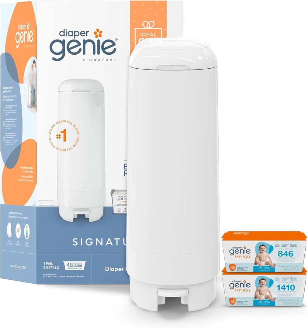 Diaper Genie Signature Gift Set | Includes Easy Roll Refill with 48 Bags | Holds Up to 2256 Newborn Diapers