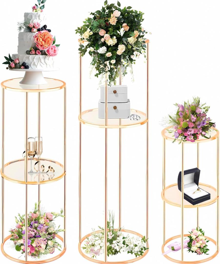 3PCS 2 Tier Round Gold Cake Stand for Party, Tall Metal Pedestal Stands for Display Decoration, Flower, Plant, Birthday, Wedding, Baby Shower, Bridal Shower, Cylinder Column for Desserts