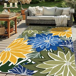 ZonLi 8x10 ft Colorful Outdoor Rug Indoor Outdoor Patio Rug Washable | Waterproof Tropical Floral Non Slip Outdoor Carpet Area Rug for Deck, Backyard, Pool, Living Room, Camping