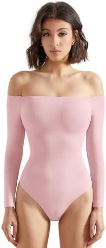 SUUKSESS Women Off the Shoulder Long Sleeve Bodysuit Double Lined Thong Bodysuit XS