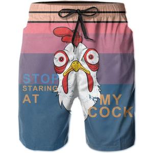 Stop Looking At My Cock Men's Swim Trunks, Funny Quick Dry Beach Board Shorts with Mesh Lining and Pockets (White, XXL)