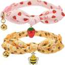 Bowtie Cat Collar with Bell 2 Pack Stylish Breakaway Kitten Collars with Removeable Bowknot,Yellow Bee & Pink Strawberry (7.5-11.4 Inch (Pack of 2))