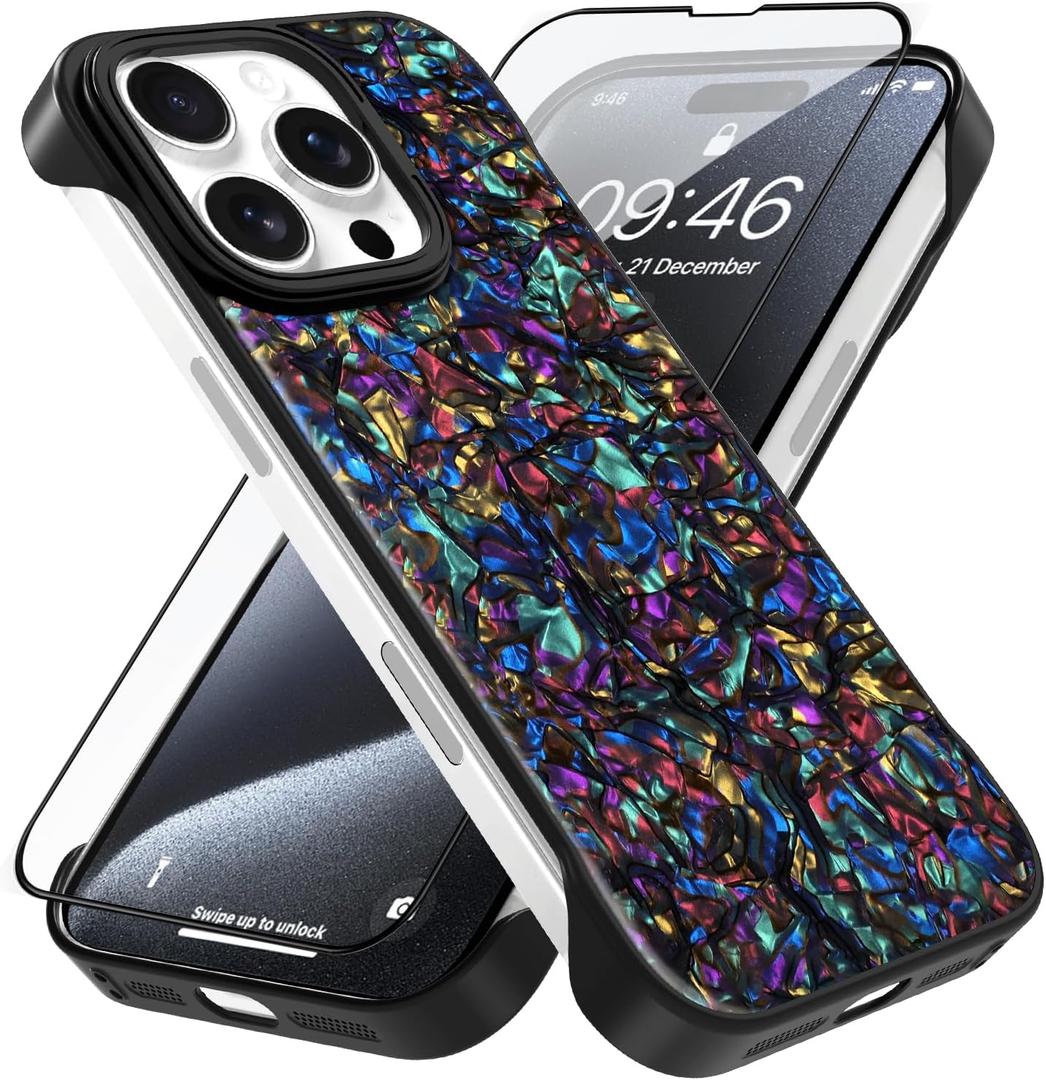 AIGOMARA Slim Frameless for iPhone 15 Pro Case with Screen Protector, Luxury Opalescent Pearl Minimalist Borderless Phone Case for Women Girls, Ultra-Thin Hard Shockproof Case Cover, Purple