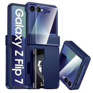 CENMASO for Samsung Galaxy Z Flip 7 Case with Card Holder [RFID Blocking] & Hinge Protection & HD Screen Protector, Rugged Anti-Scratch Full-Body Shockproof Phone Case for Z Flip 7-Blue