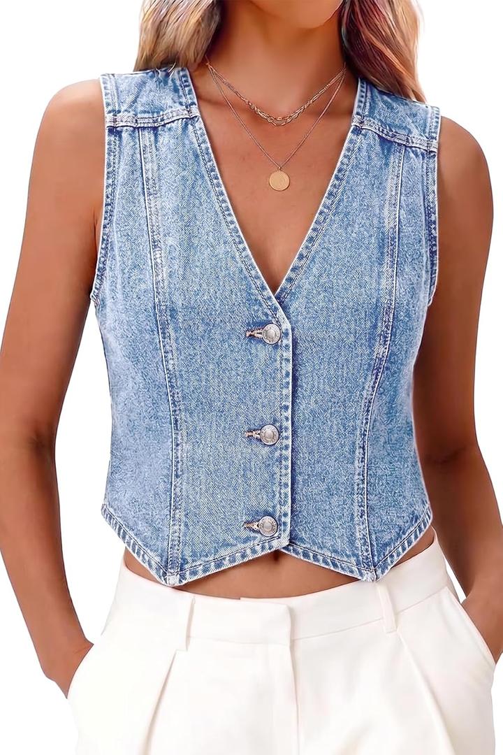 ELLEVEN Women’s Denim Vest V-Neck Crop Jean Vest Top Sleeveless Y2K Button Denim Jacket Summer Country Outfits (Blue, S)