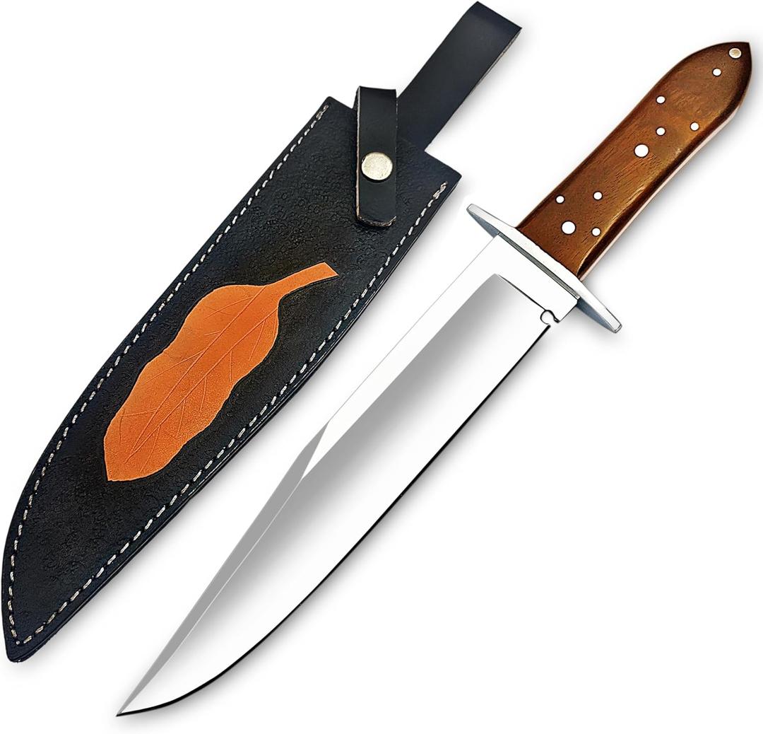 Handmade D2 Steel 14 Inches Full Tang Bowie Knife with leather sheath, Hunting knife with Wood Handle and steel Guard Ideal for Bushcraft, Camping, Survival, Hunting & outdoor use (I9S6)