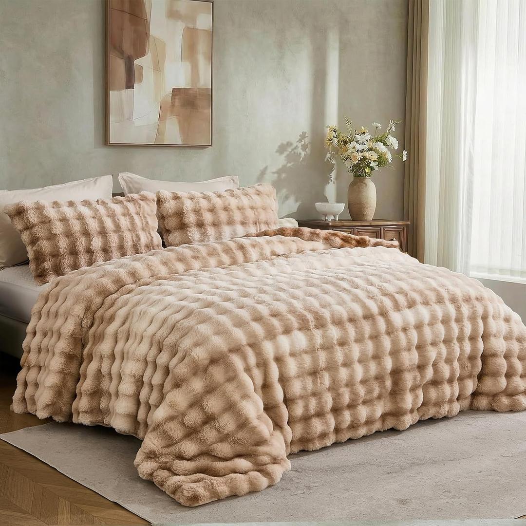 Bedbay Plush Rabbit Faux Fur Comforter Set King Size Tie Dyed Brown Fluffy Comforter Bed Set Luxury 3 Pieces Warm Shaggy Winter Comforter King Size Soft Bubble Bedding Comforter Set for Teen Adults