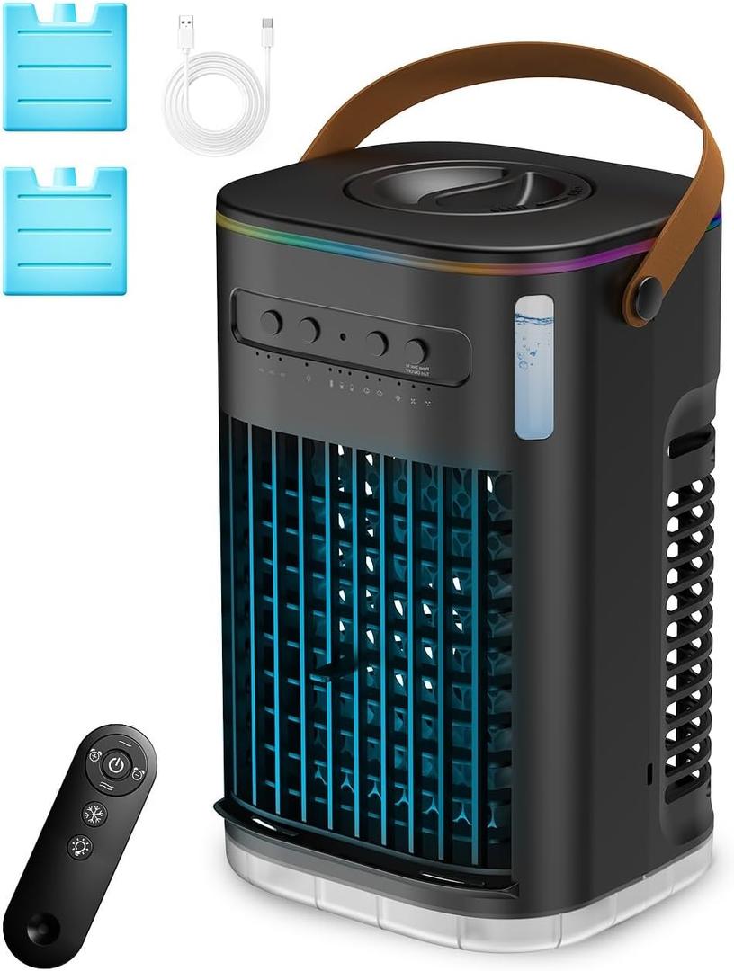 3-IN-1 Portable Air Conditioners, Personal Air Cooler w/2Ice Packs & 1.2L Water Tank, 1-7h Timer & Remote, Powered by USB, Mini Air Conditioner for Car Desktop,Black No Battery