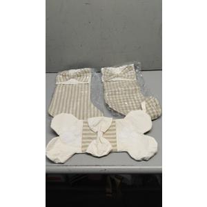 Realspring 3 Pack Burlap Christmas Stockings with Wooden Name Tag for Dogs 18" Large Boho Rustic Farmhouse Neutral Bone Shape Stocking Beige Plaid Bow Hanging Ornament for Family Fireplace Xmas Season