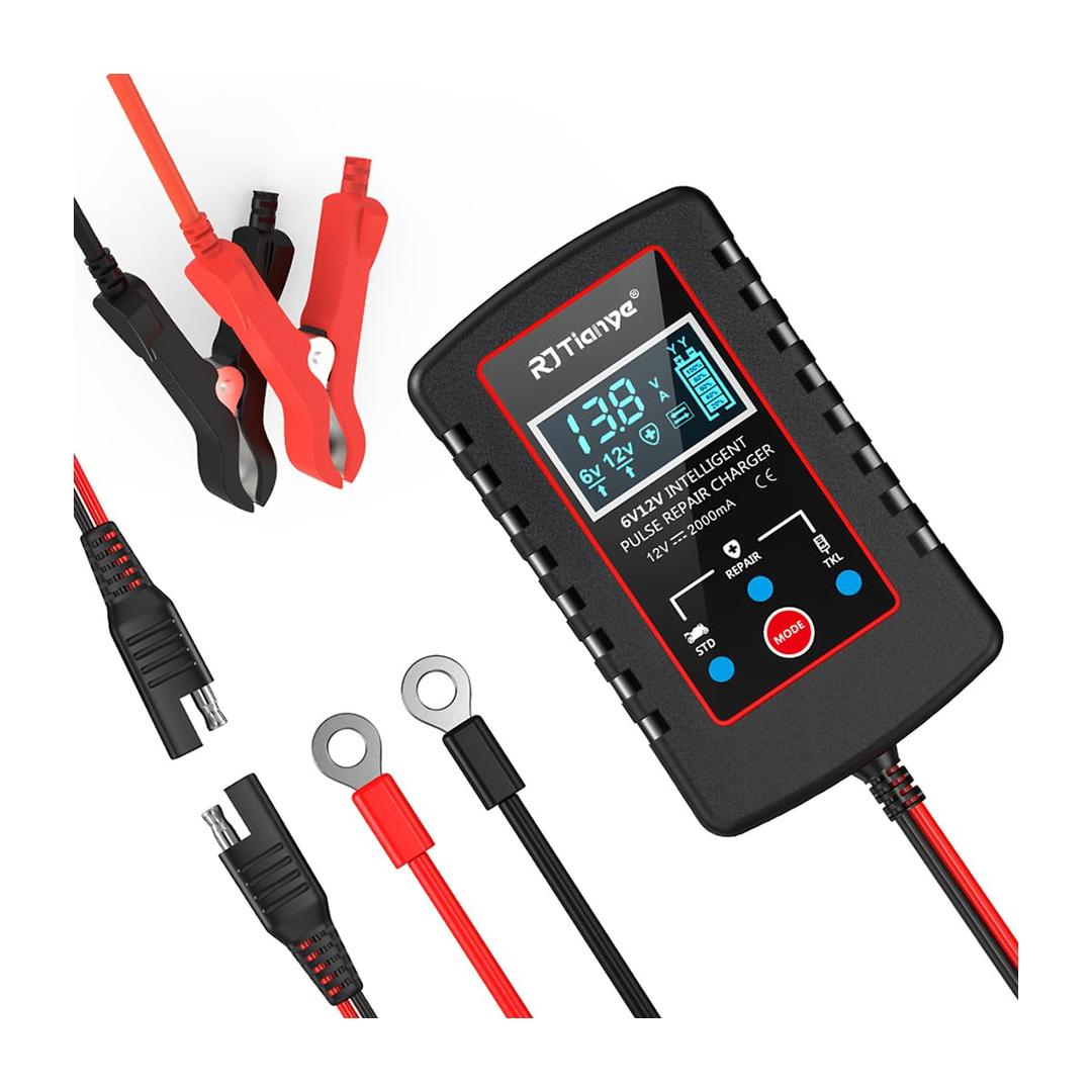 zipelo Car Battery Charger, 6V 12V Automatic Smart Trickle Battery Charger, Intelligent Pulse Repair Charger with ASE Adapter Cable, Battery Desulfator for Motorcycle Lawn Mower Marine