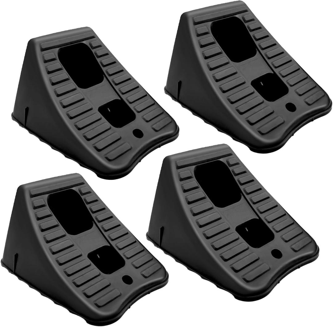 HOXWELL 4 Packs Wheel Chocks for Travel Trailers, Non Slip Black Wheel Chock Stackable, Lightweight Wheel Stoppers for Cars Campers Trucks RVs, 8.1"×6.1"×4.5", Black