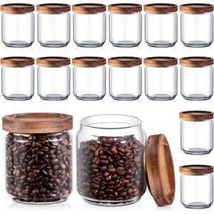 Irenare 16 Pcs Glass Containers Canister Set, 17 oz Food Storage Spice Jars with Airtight Lids, Clear Kitchen Containers for Coffee Sugar Tea Beans Nuts Candy Pantry Organization(Wood)