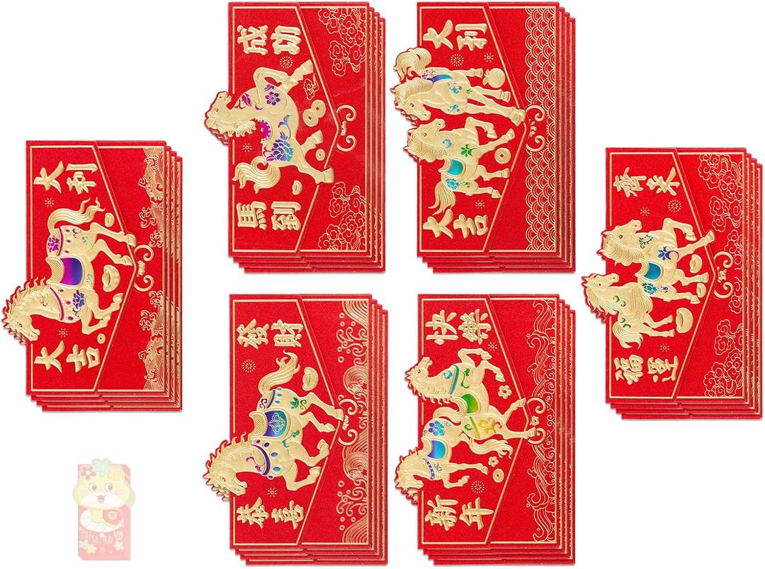 24Pcs Year of the Horse Chinese New Year Red Envelopes 2026 - Ideal for Cash and Coins, Lunar Festival Envelope (Multicolor)