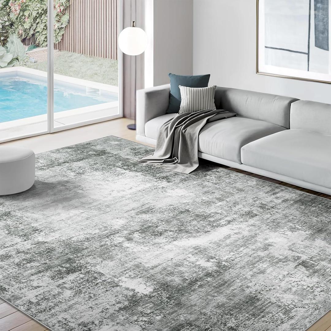 Washable Abstract Area Rug 9x12 - Contemporary Style Large Soft Living Room Bedroom Rugs Stain Resistant Non-Shedding Low Pile Accent Carpet for Indoor Dining Room Home Studio Office - Black/Grey