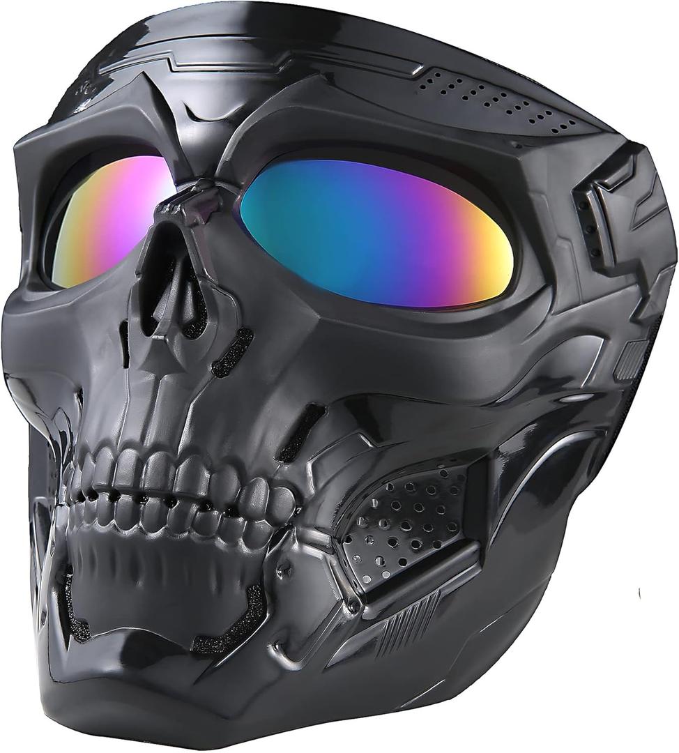 Skull Mask Full Face Tactical Masks for CS Survival Games Shooting Cosplay Movie Paintball Halloween Scary Masks (Black+Colourful-Lens)