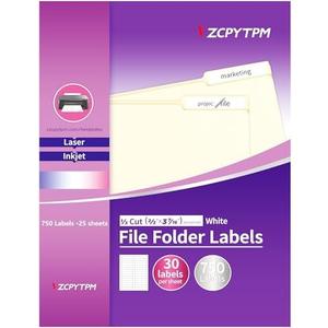 File Folder Labels,750 Labels 1/3 Cut,Self Adhesive Removable Labels,Printable Permanent Label Stickers for Manila File Folders,2/3" x 3-7/16",Laser/Inkjet,25 Sheets,White