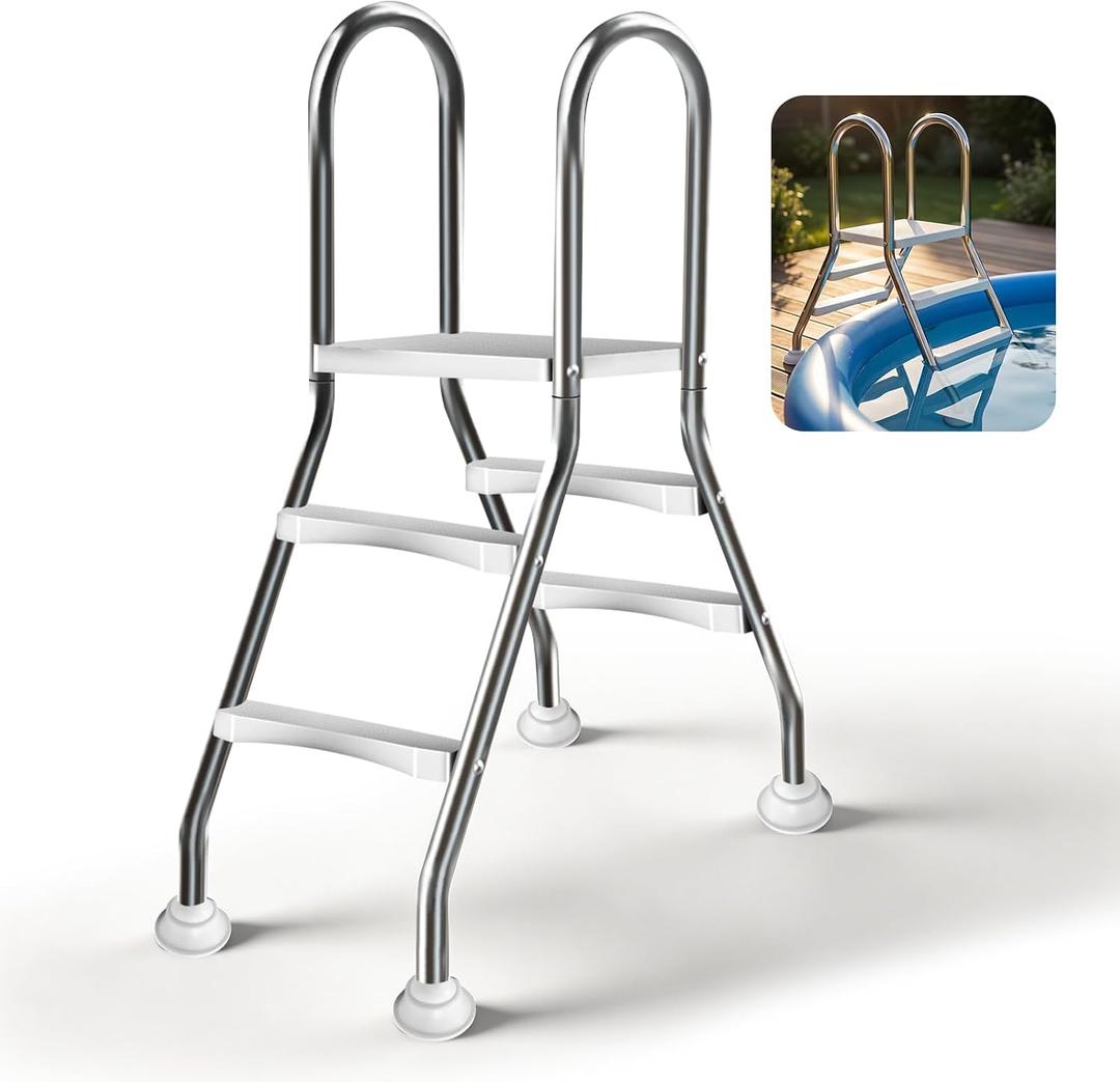 Above Ground Pool Ladder,34 ''Heavy Duty Luxury Pool Ladder with Platform,2-Steps Swimming Frame Pool Ladder,304 Stainless Steel,550lbs Load Capacity,Anti-Slip Feet &Wider Steps