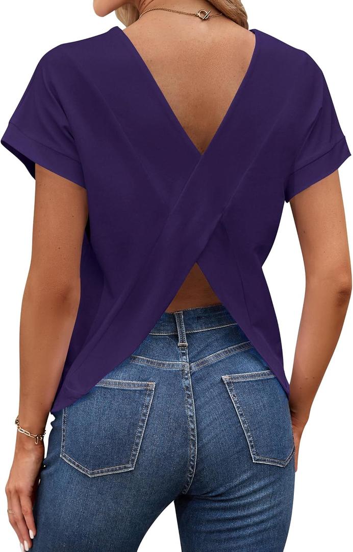 LilyCoco Women's Short Batwing Sleeve Shirt Criss Cross Back Tops Casual Loose Plain Tee Black XXX-Large (Purple, XXXL)