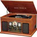 Victrola The Quincy 6-in-1 Bluetooth Record Player & Multimedia Center with Built-in Speakers – 3-Speed Turntable, CD & Cassette Player, AM/FM Radio, Wireless Music Streaming (Mahogony)