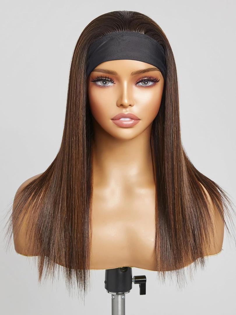 GORGIUS Highlight Headband Wig Straight Hair with Head Band Ready to Go Glueless Synthetic Headband Wig Brown Mix Blonde 16 Inch Long Straight Wig (Color 27/30)