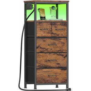 Furnulem Dresser for Bedroom, Tall Nightstand, Vertical Chest with Wood Top, Charging Station, LED Lights, 5 Fabric Bins, Bedside Table with Shelf, Furniture for Entryway (5 Drawer, Rustic Brown)