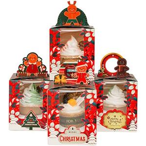 qiqee Christmas Individual Cupcake Boxes 50pcs Individual Cupcake Boxes with Window 3.7" 3.7"*4.5" Cupcake Box for Christmas