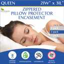 Queen Size Waterproof Pillow Protectors (Set of 2) Zippered Hypoallergenic Pillowcase Cover Allergen Dust Proof Encasement
