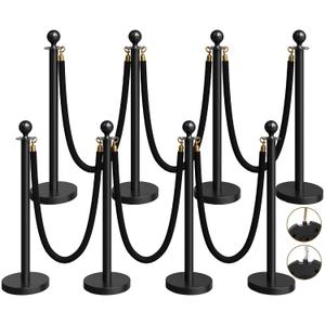 8 Pack Black Stanchions and Velvet Ropes Set, Stainless Steel Crowd Control Barriers, 6Pcs Black Ropes and Poles for Party Supplies,Photobooth Accessories, Prom,Birthday,Business,Wedding, Museums