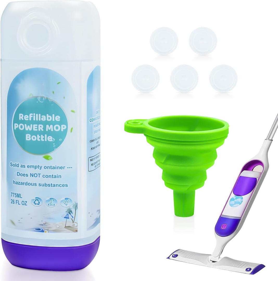 Power Mop Refillable Bottle for Swiffer PowerMop, Empty Reusable Bottle for Power Mop, 26 FL OZ Leak-Proof HDPE Solution Container with 5 Silicone Gaskets & Folding Funnel