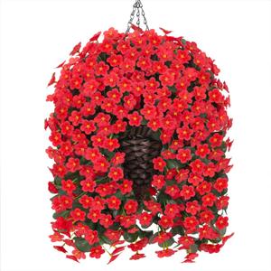 HyeFlora Artificial Fake Red Hanging Flowers Plants Basket for Outdoor Outside Winter Christmas Decor, Faux Silk Daisy Flower Look Real UV Resistant Orchid Vine Plant for Porch Garden Yard Patio Home