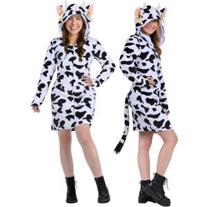 Animal Hoodie Costume Dress for Women - Plush Fitted Halloween Cosplay Outfit with Hood, Tail & Pockets (Medium, Sexy Cow)